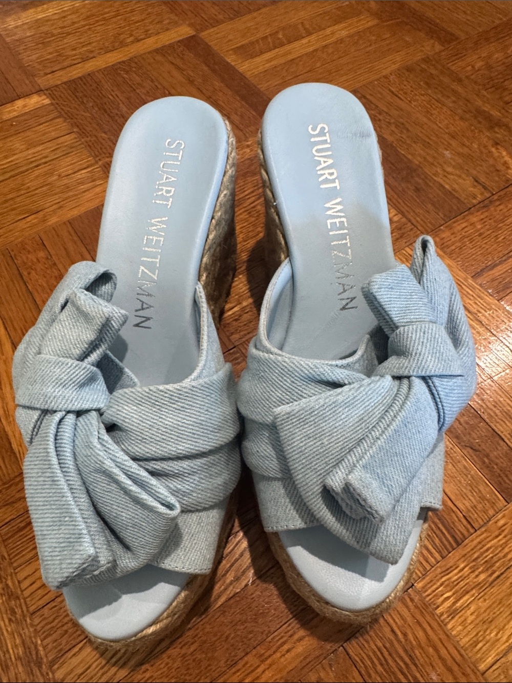 Stuart Weitzman Pale Blue denim Knotted Espadrille Wedge Sandals